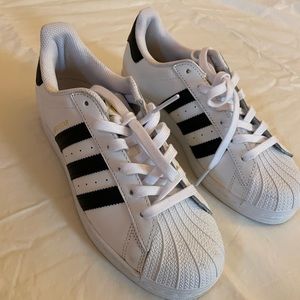 adidas Superstar shoes (white, black, gold)